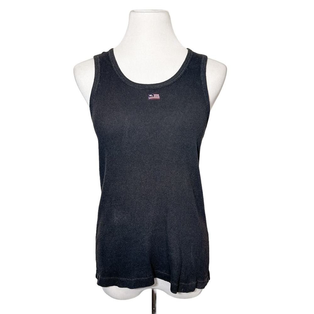 Ralph Lauren Vintage USA American Flag Ribbed Tank Top Black Medium Jeans Polo